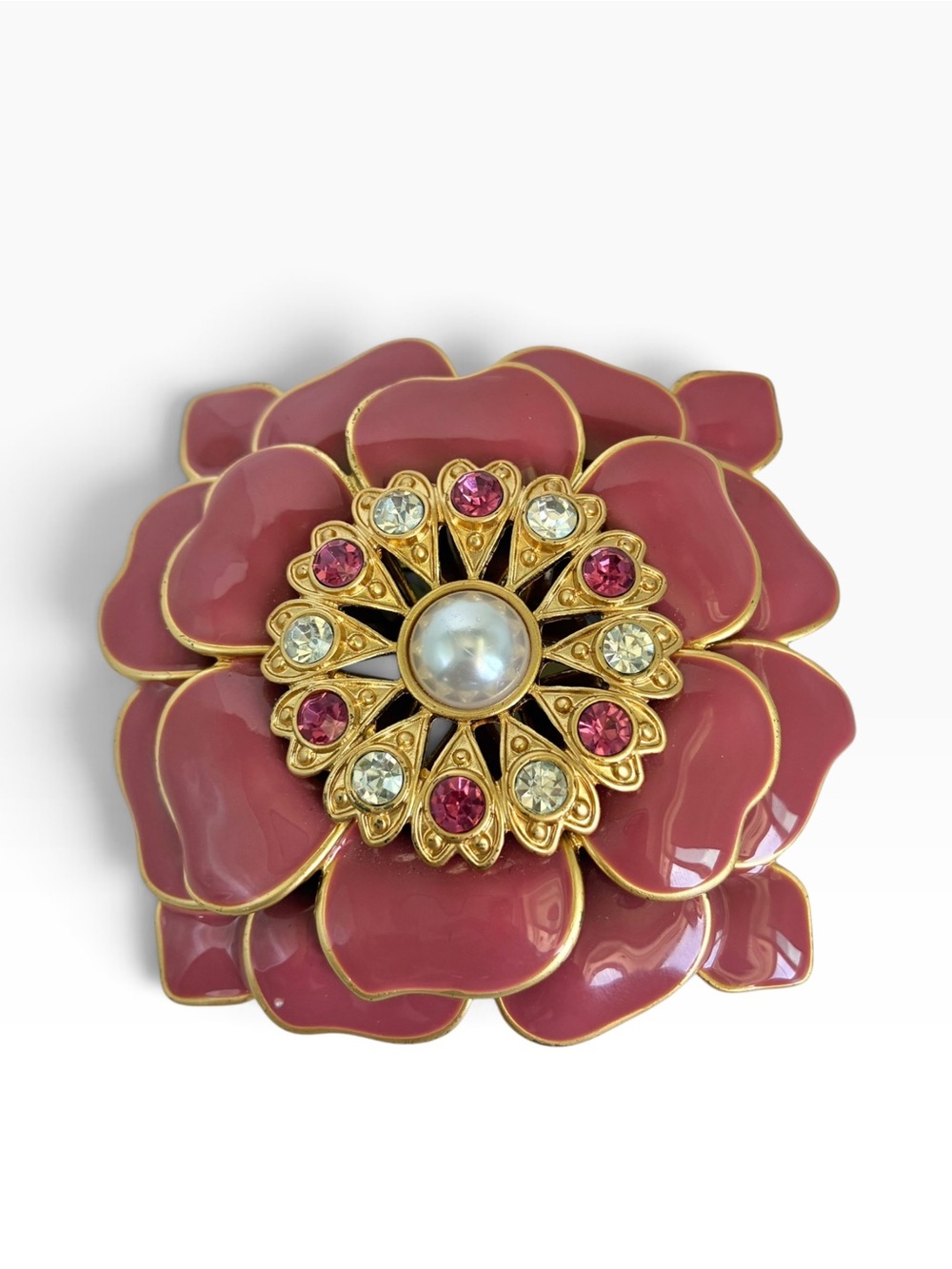 Vintage Jewel Art Pink Enamel Rhinestone Faux Pearl Flower Brooch